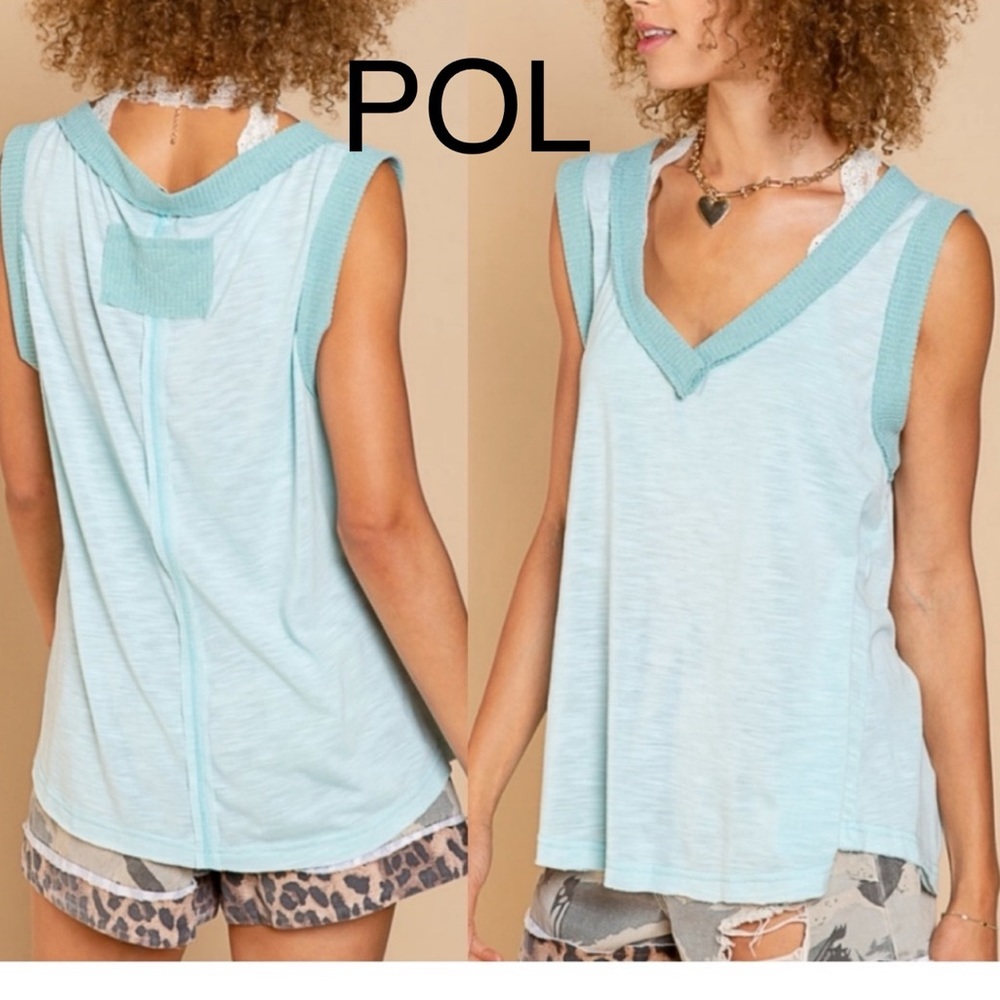 BP18🩵POL playful sleeveless tank w/v-neck+trim in soft fabric4 springtime fun